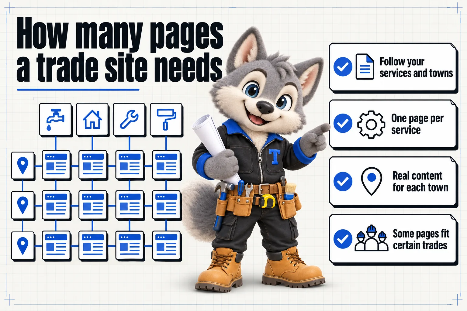 Infographic with Tanner the wolf pup mascot: How many pages a trade site needs. Follow your services and towns; one page per service; real content for each town; some pages fit certain trades.