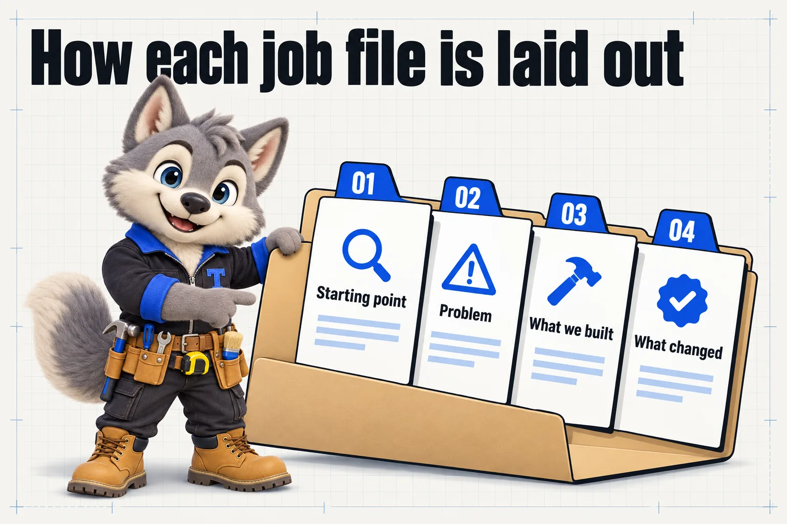 Infographic with Tanner the wolf pup mascot: How each job file is laid out. Starting point; problem; what we built; what changed.