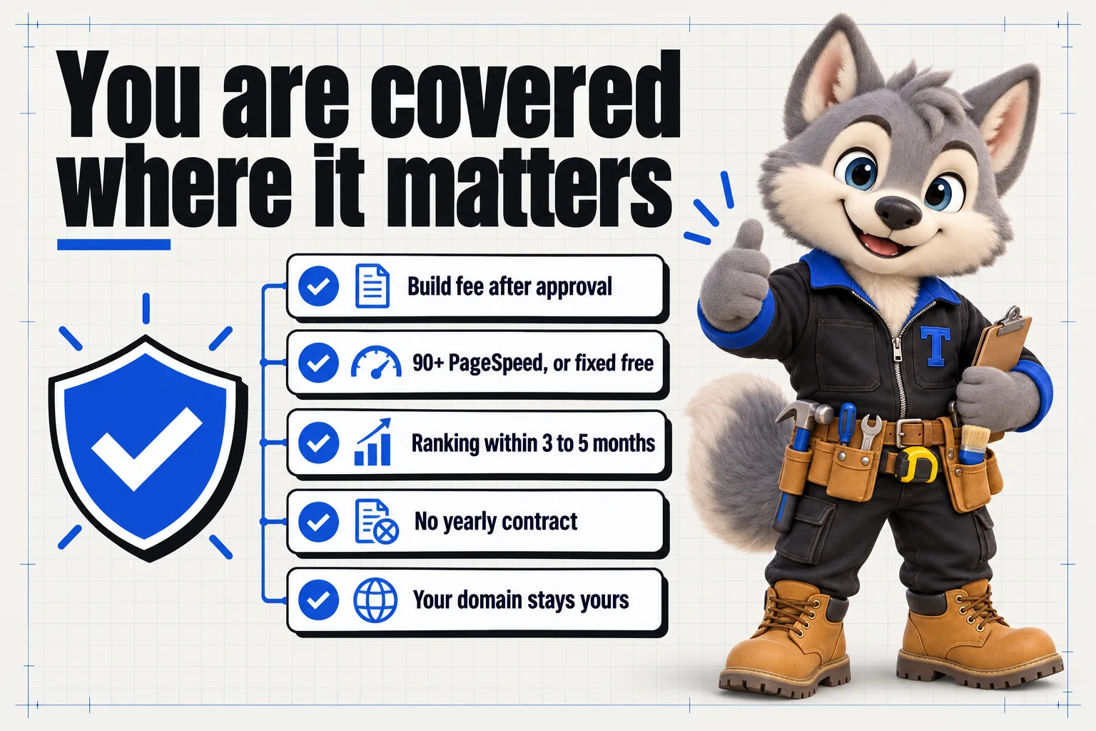 Infographic with Tanner the wolf pup mascot: You are covered where it matters. Build fee after approval; 90+ PageSpeed, or fixed free; ranking within 3 to 5 months; no yearly contract; your domain stays yours.