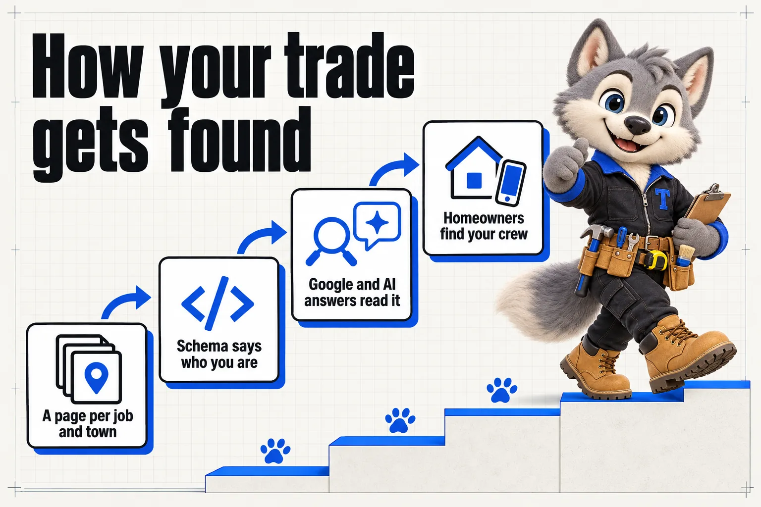Infographic with Tanner the wolf pup mascot: How your trade gets found. A page per job and town; schema says who you are; Google and AI answers read it; homeowners find your crew.