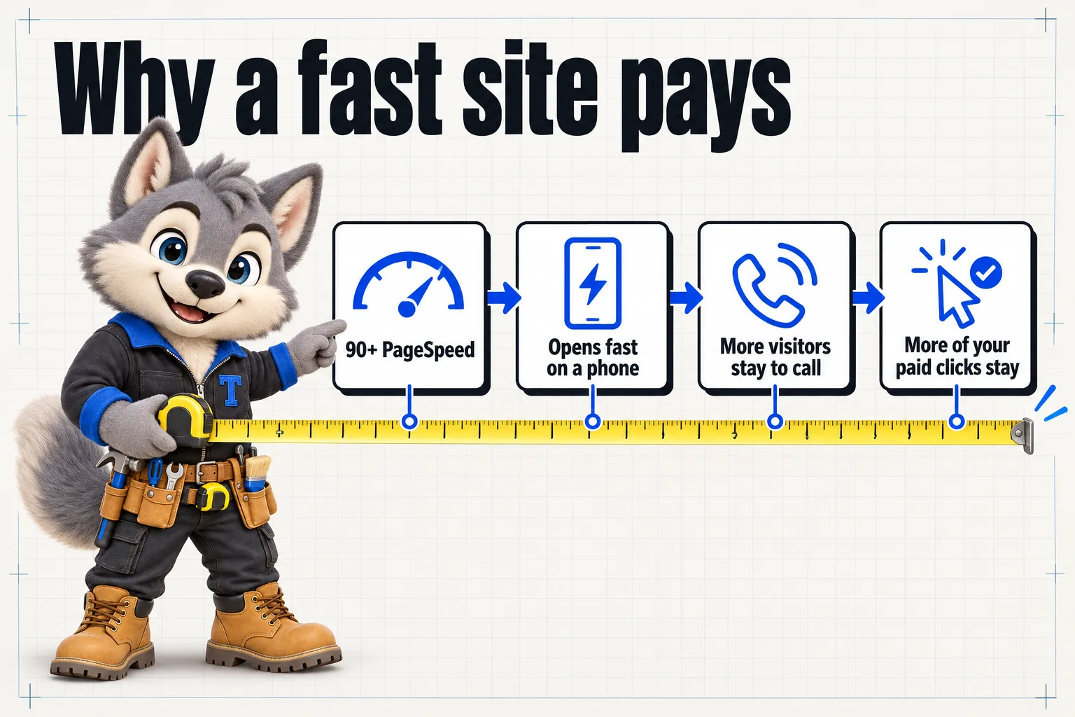 Infographic with Tanner the wolf pup mascot: Why a fast site pays. 90+ PageSpeed; opens fast on a phone; more visitors stay to call; more of your paid clicks stay.