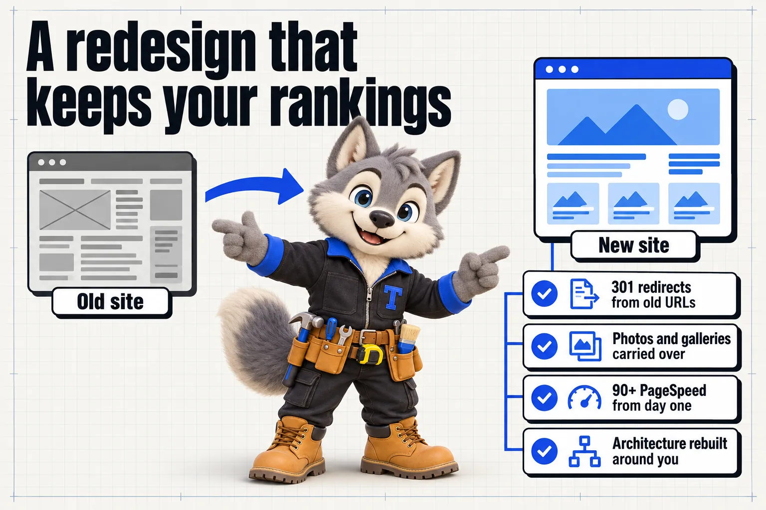 Infographic with Tanner the wolf pup mascot: A redesign that keeps your rankings. Old site to new site: 301 redirects from old URLs; photos and galleries carried over; 90+ PageSpeed from day one; architecture rebuilt around you.