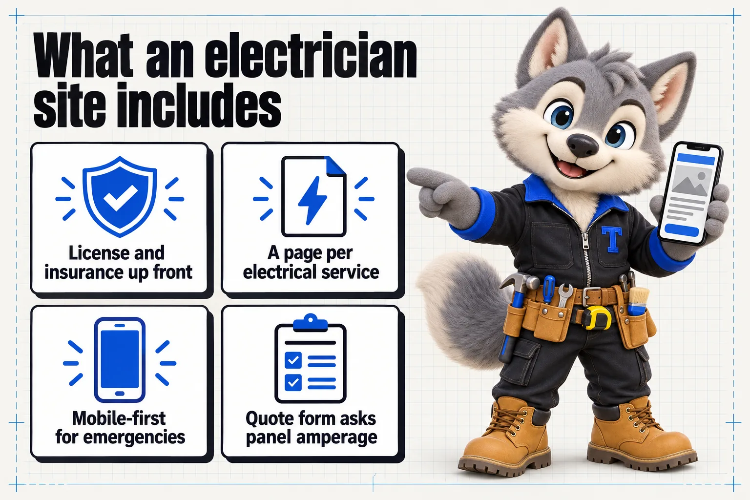 Infographic with Tanner the wolf pup mascot: What an electrician site includes. License and insurance up front; a page per electrical service; mobile-first for emergencies; quote form asks panel amperage.