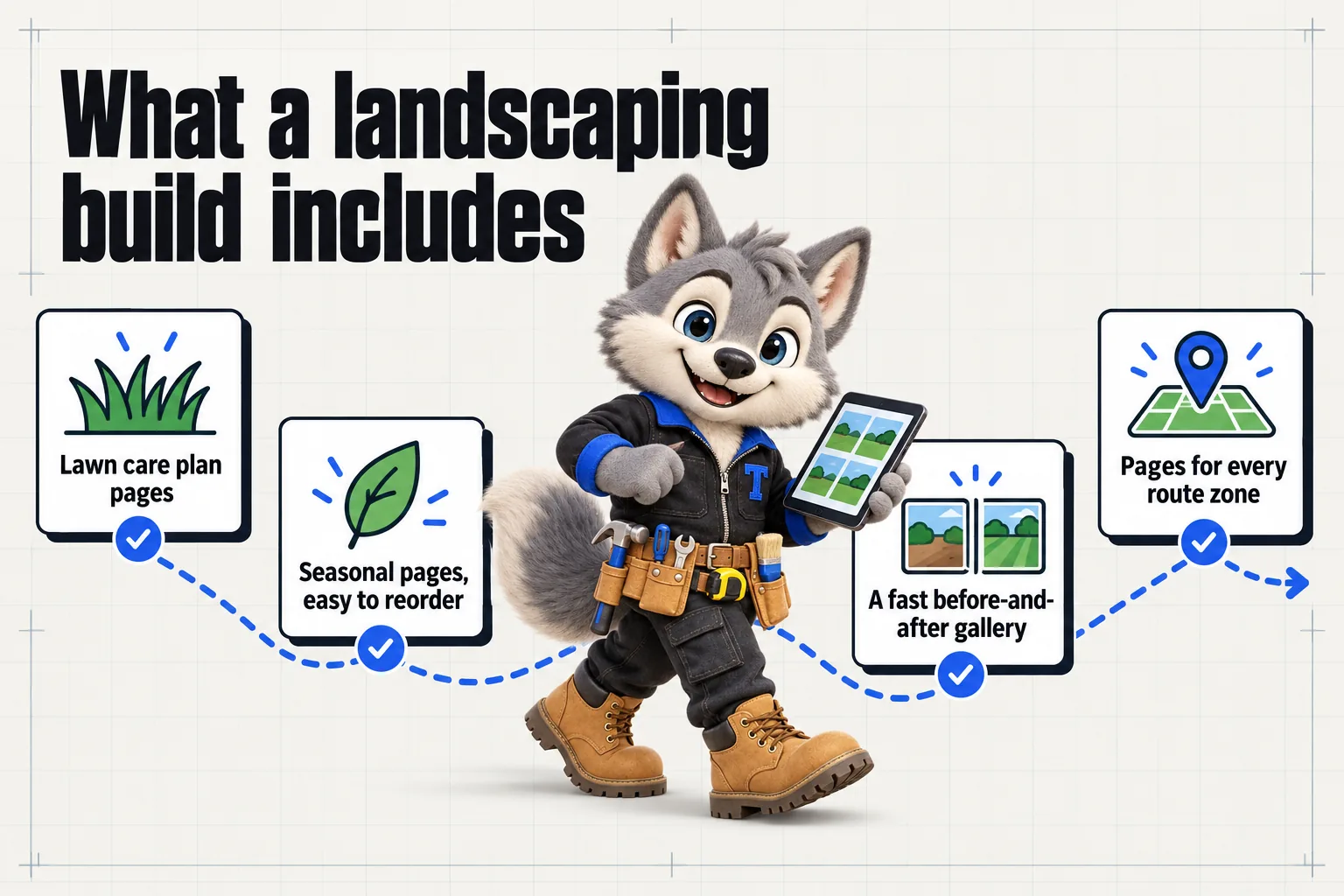 Infographic with Tanner the wolf pup mascot: What a landscaping build includes. Lawn care plan pages; seasonal pages, easy to reorder; a fast before-and-after gallery; pages for every route zone.