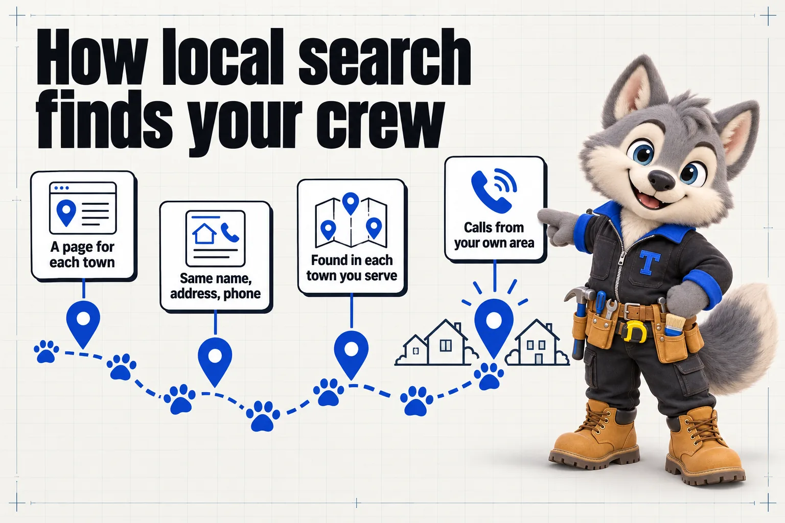 Infographic with Tanner the wolf pup mascot: How local search finds your crew. A page for each town; same name, address, phone; found in each town you serve; calls from your own area.