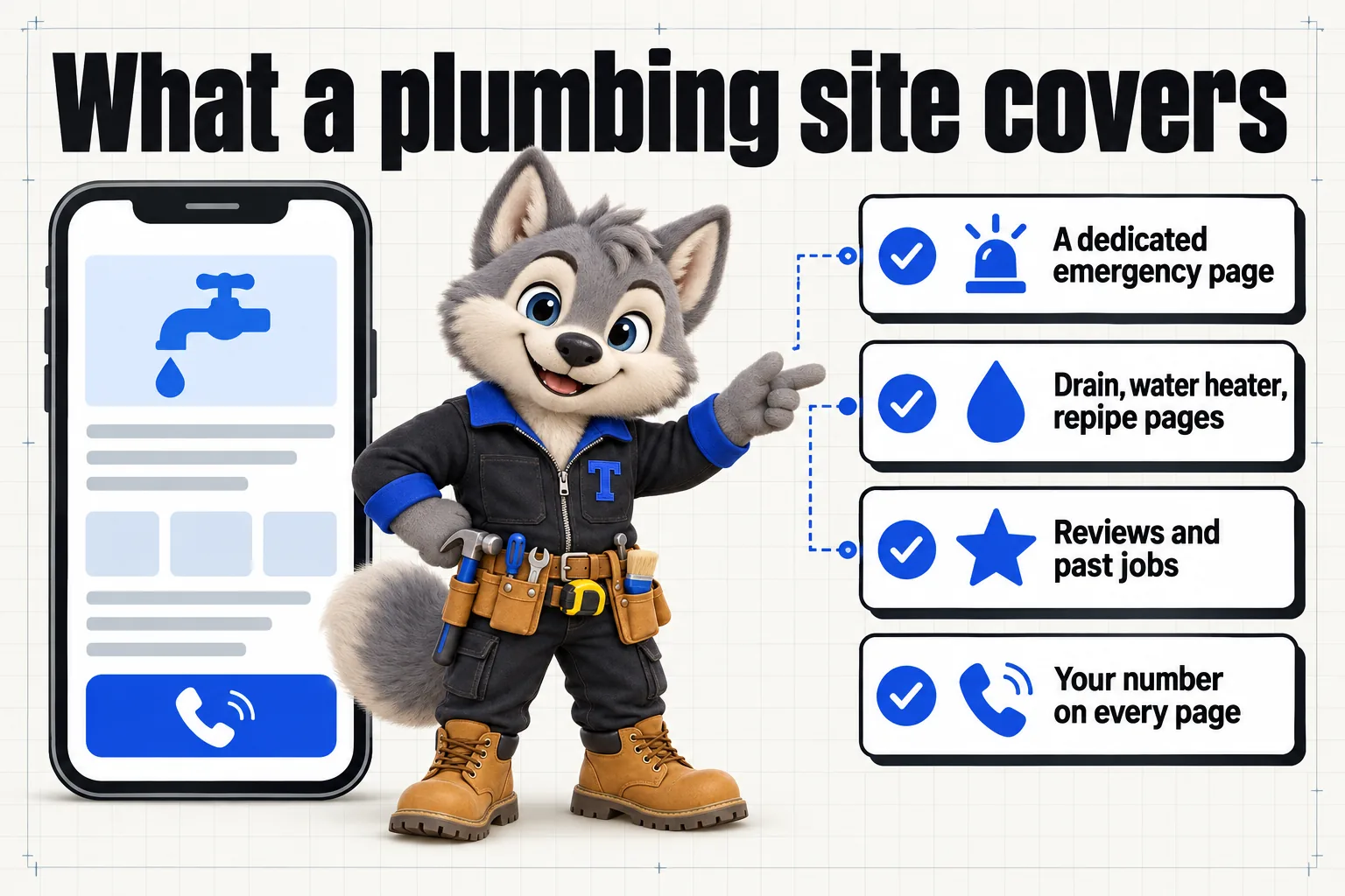 Infographic with Tanner the wolf pup mascot: What a plumbing site covers. A dedicated emergency page; drain, water heater, repipe pages; reviews and past jobs; your number on every page.