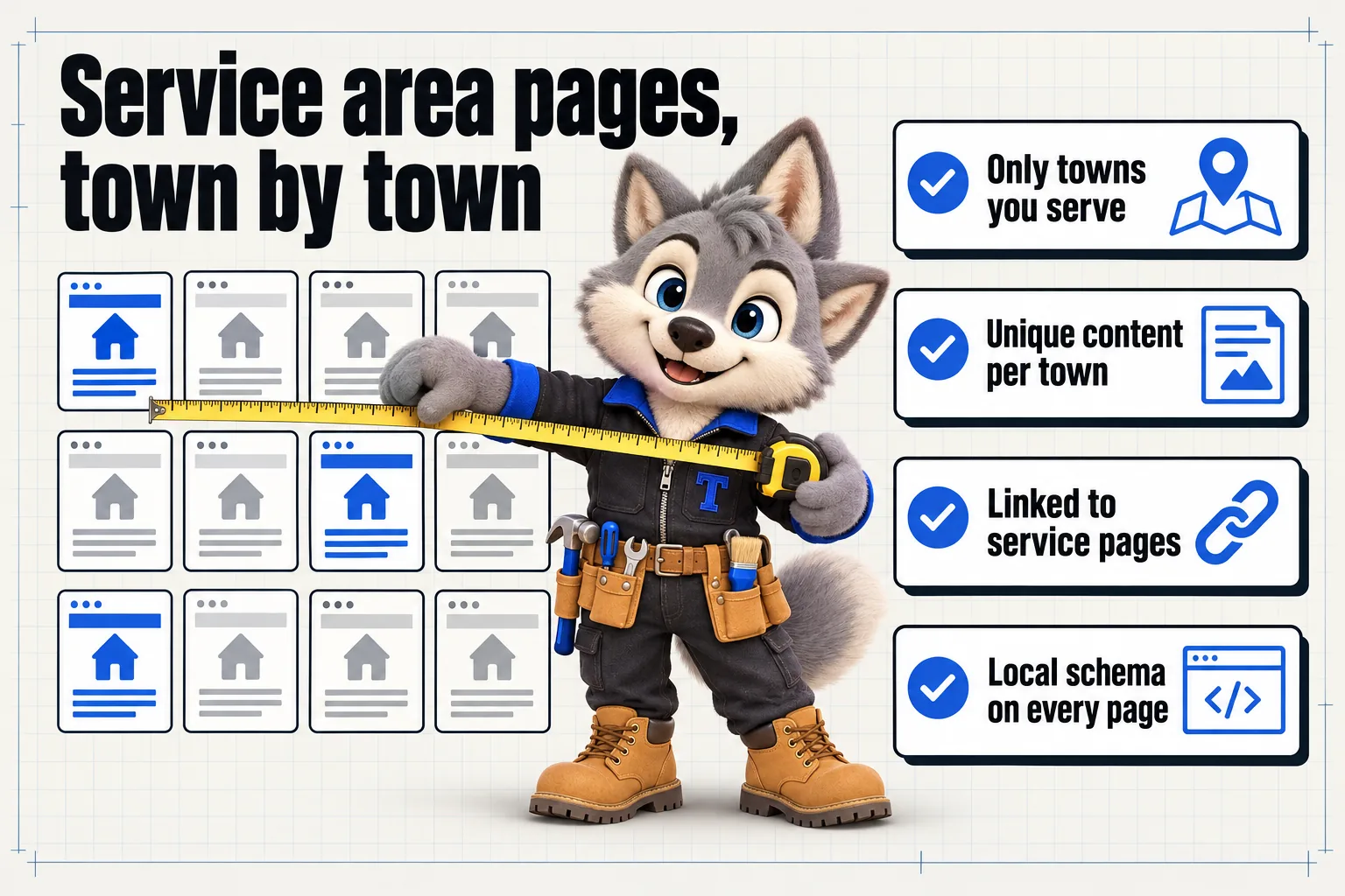Infographic with Tanner the wolf pup mascot: Service area pages, town by town. Only towns you serve; unique content per town; linked to service pages; local schema on every page.