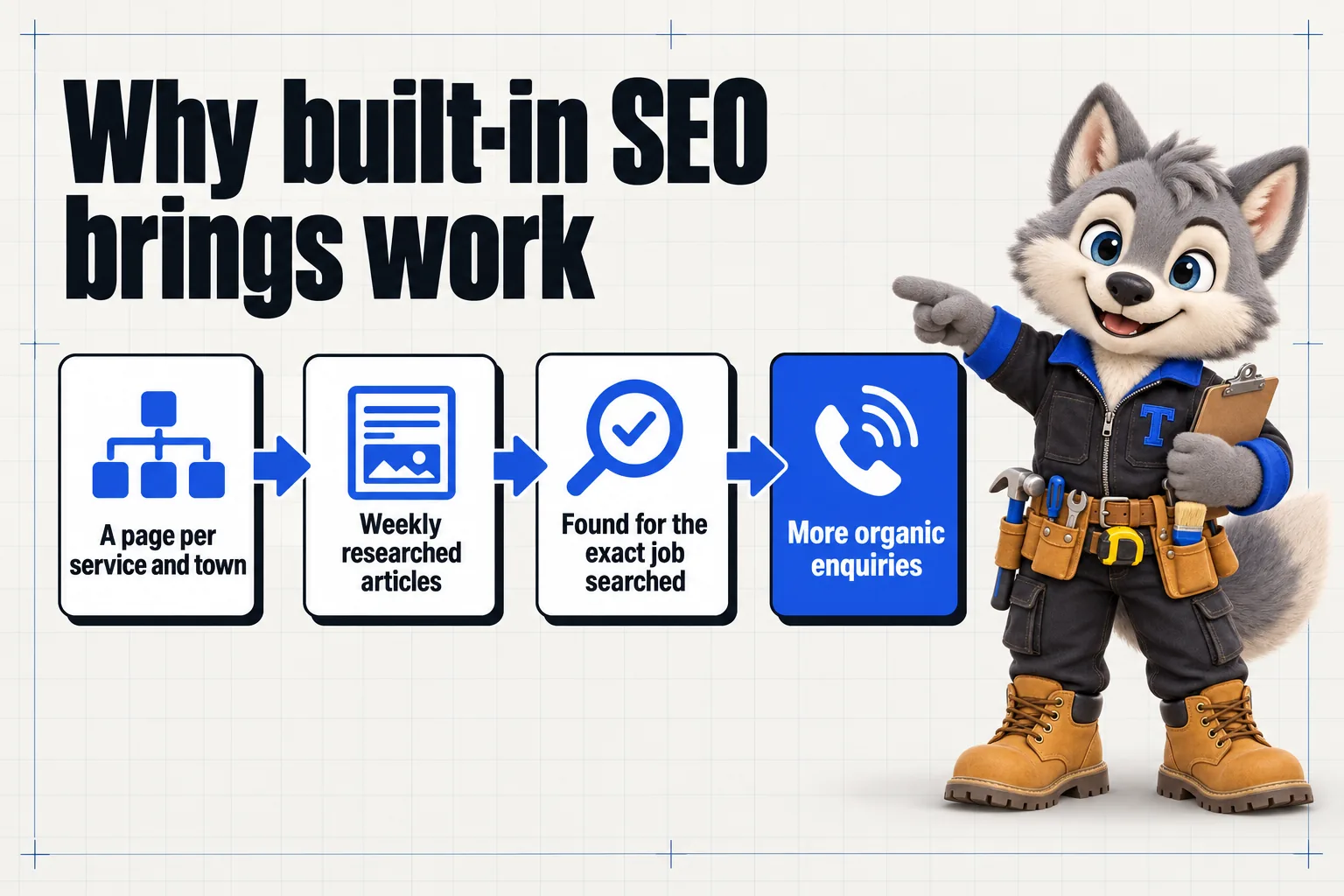 Infographic with Tanner the wolf pup mascot: Why built-in SEO brings work. A page per service and town; weekly researched articles; found for the exact job searched; more organic enquiries.