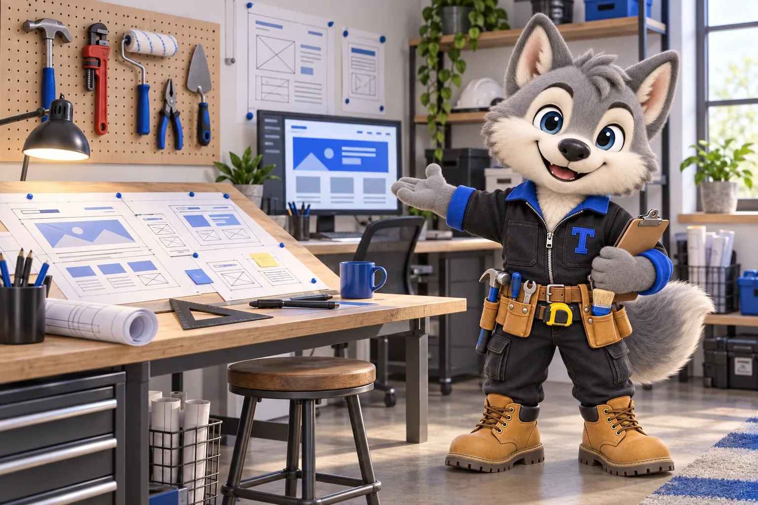 Tanner the wolf pup mascot presenting the studio workshop, with page layouts pinned to a drafting table and trade tools on a pegboard