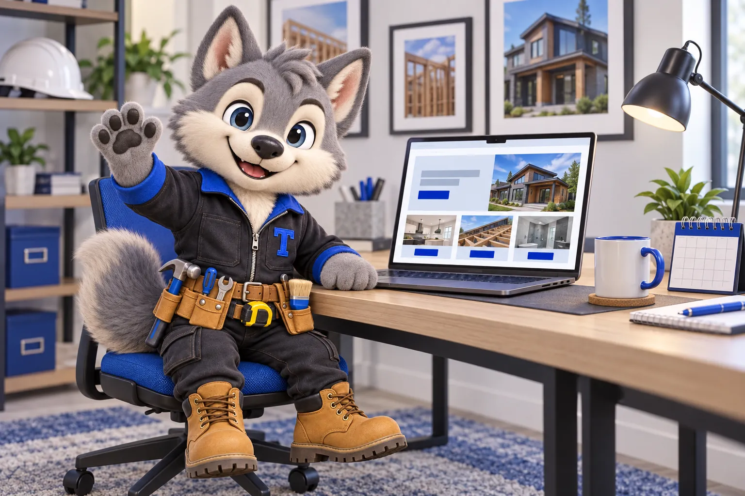 Tanner the wolf pup mascot waving from a desk beside a laptop showing a contractor website layout