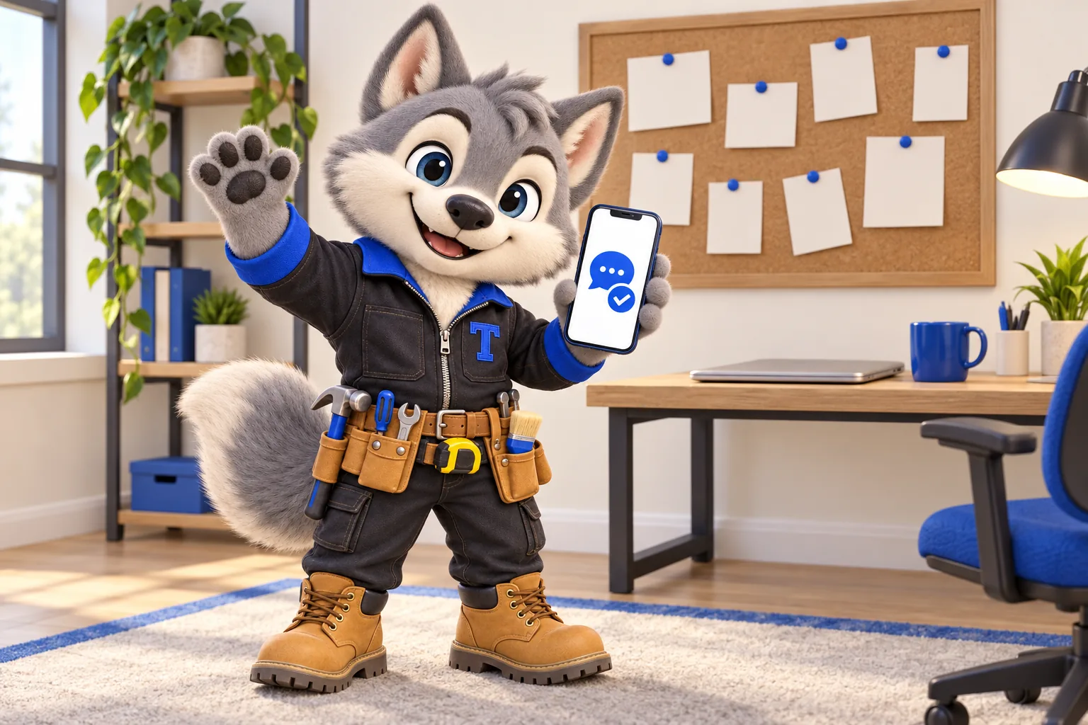 Tanner the wolf pup mascot waving beside a crew board and holding up a phone with a chat bubble on screen