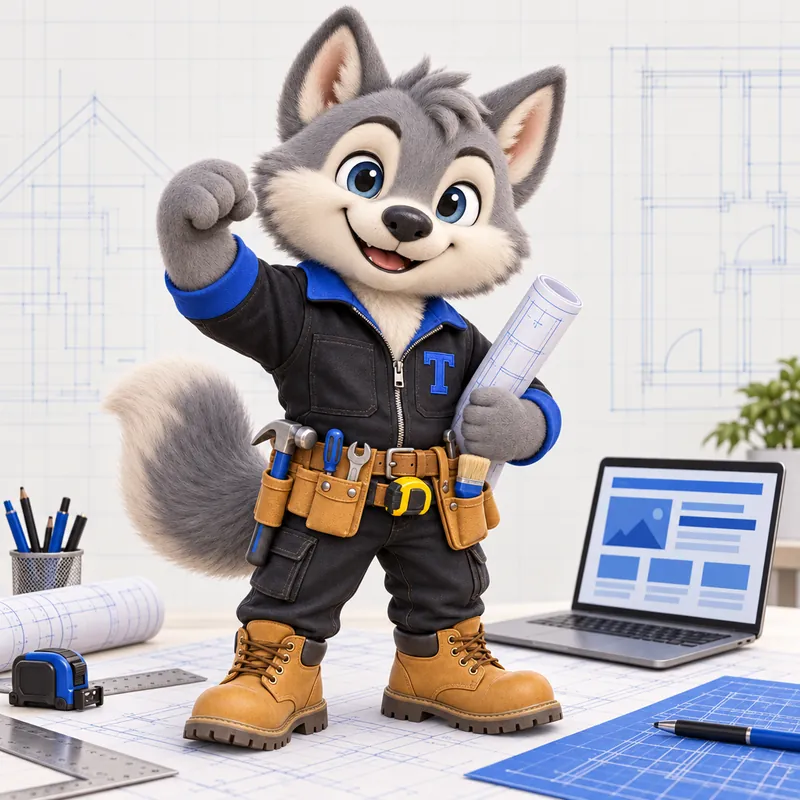 Tanner the wolf pup crew chief raising a fist beside a laptop showing a website layout