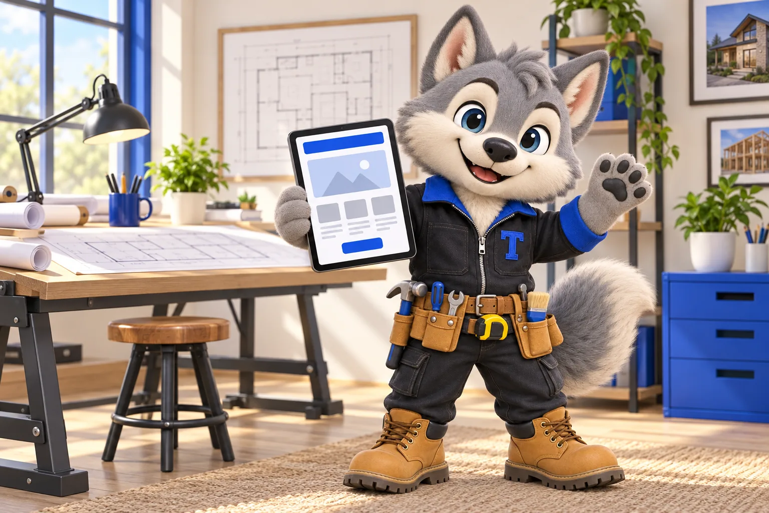 Tanner the wolf pup crew chief waving hello in the studio site office and holding up a tablet showing a website layout