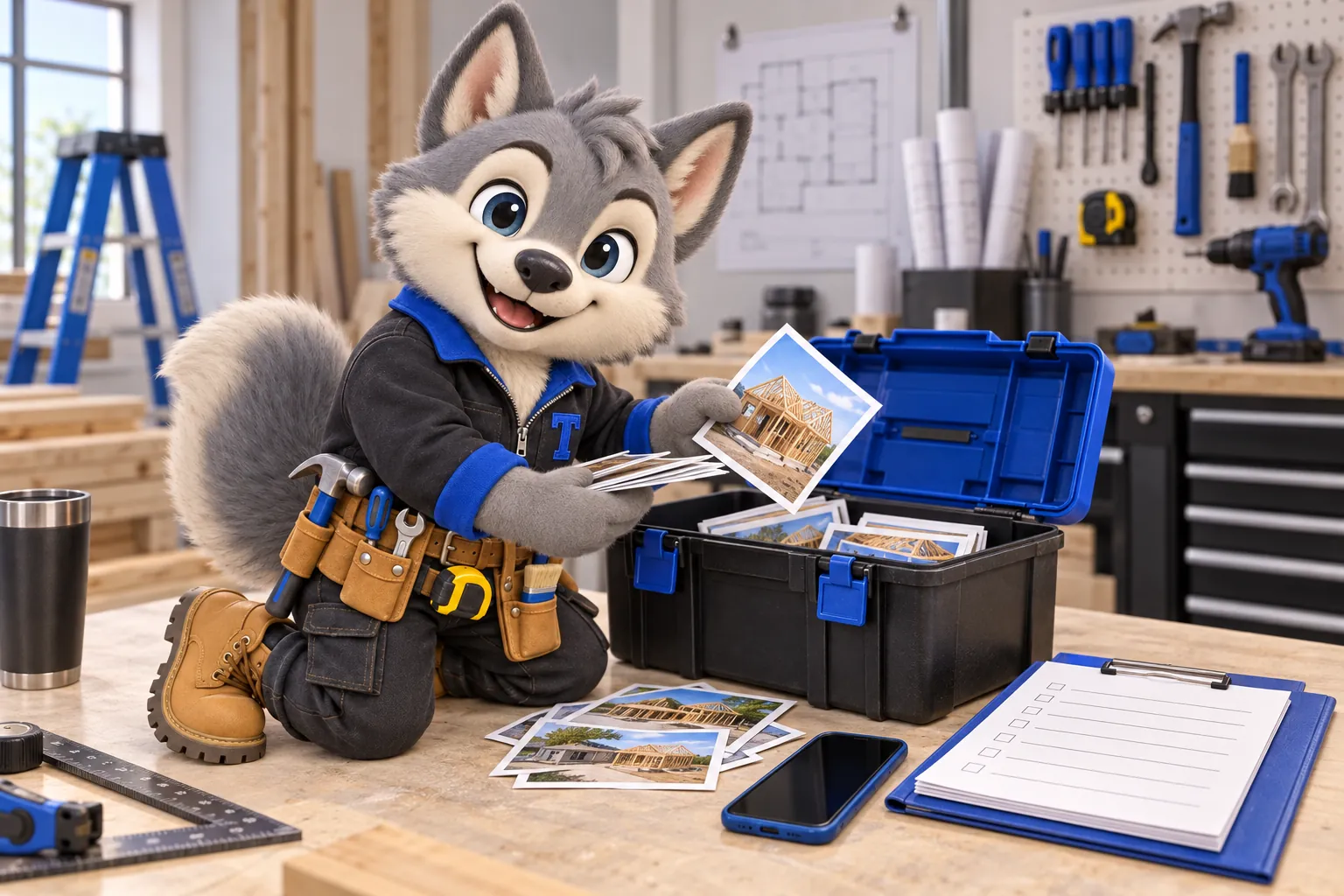 Tanner the wolf pup mascot sorting job-site photos into a toolbox beside a checklist and a phone
