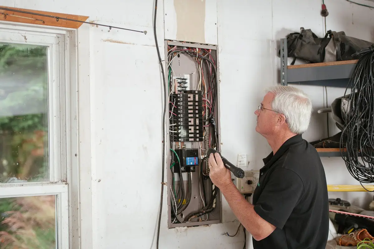 Electrician checking the breakers in a residential electrical panel